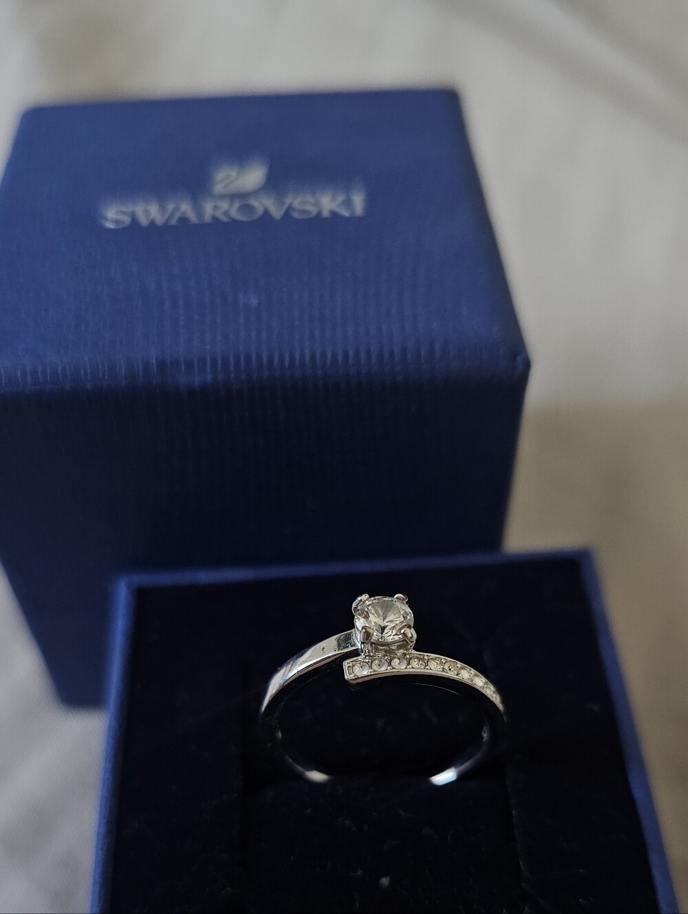 Swarovski Silver Crystal Solitaire Ring with Pavé Accents